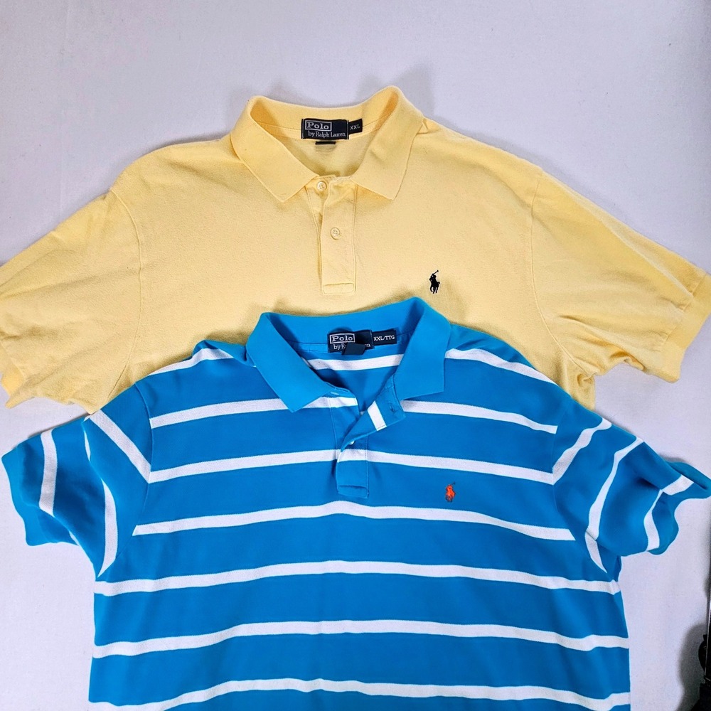 Lot of 2 Polo Ralph Lauren Mens XXL Polo Shirts Yellow Blue Striped Pique Cotton